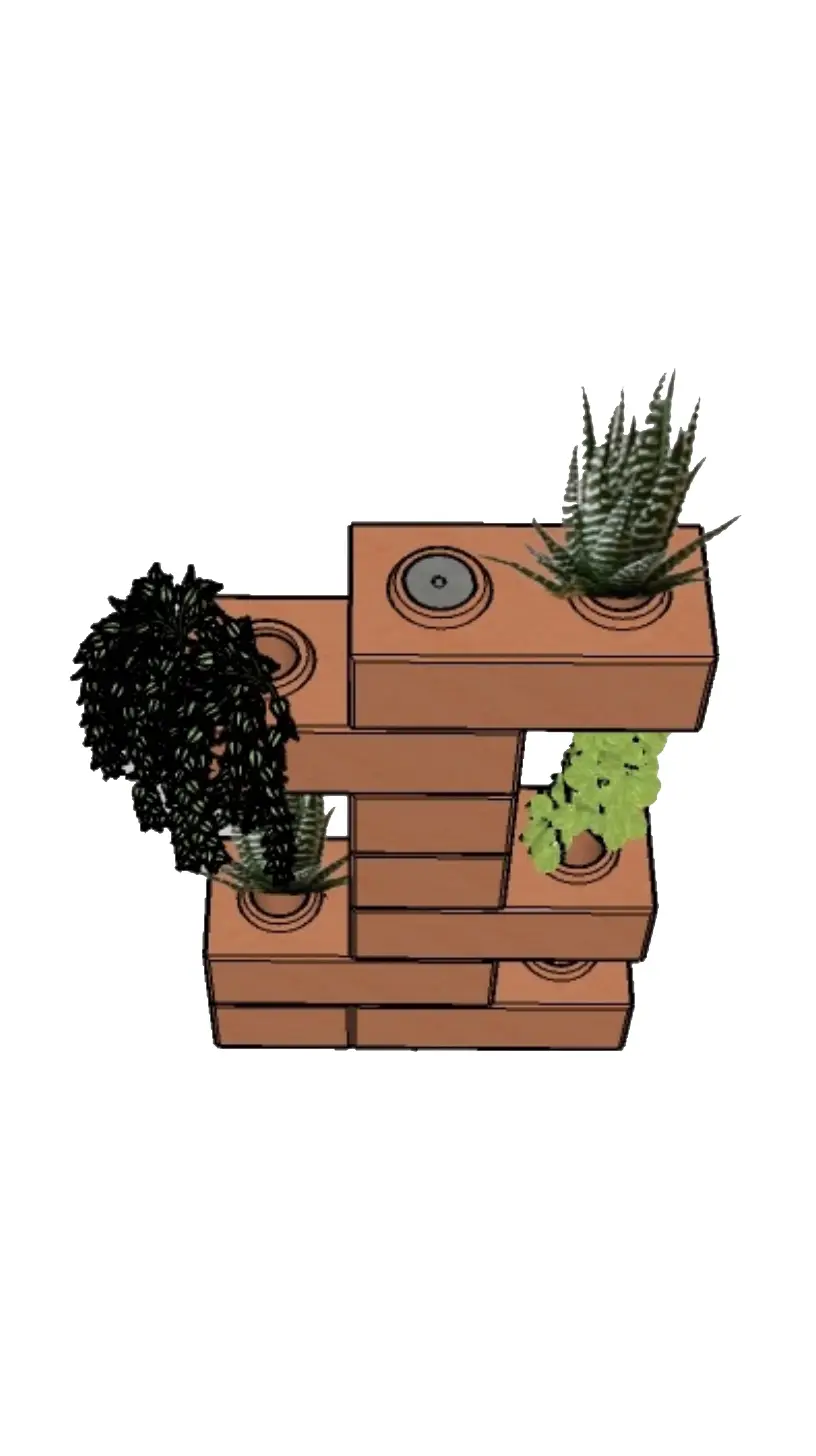 Top view of a garden decorated with plants and eco-bricks