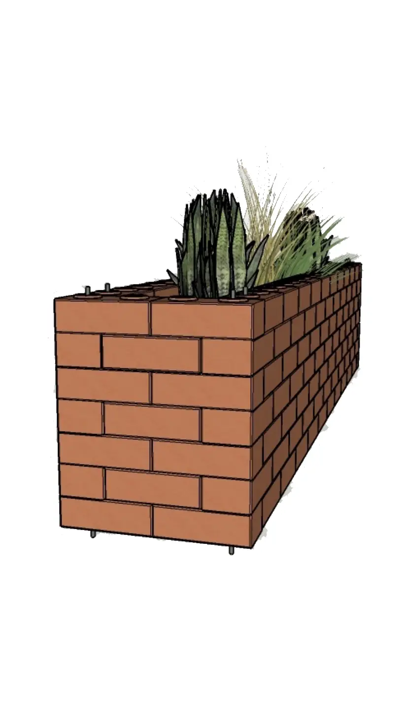 Side view of garden with eco-bricks