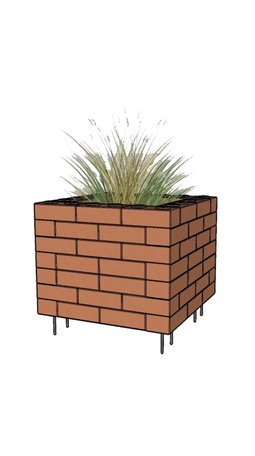 Front view of garden with eco-bricks in linear arrangement